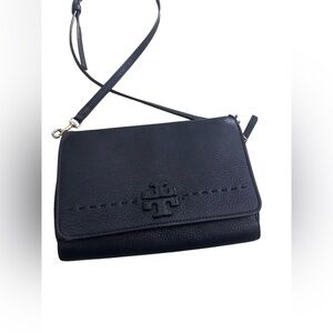 Tory Burch Black Pebbled Leather Logo Crossbody
